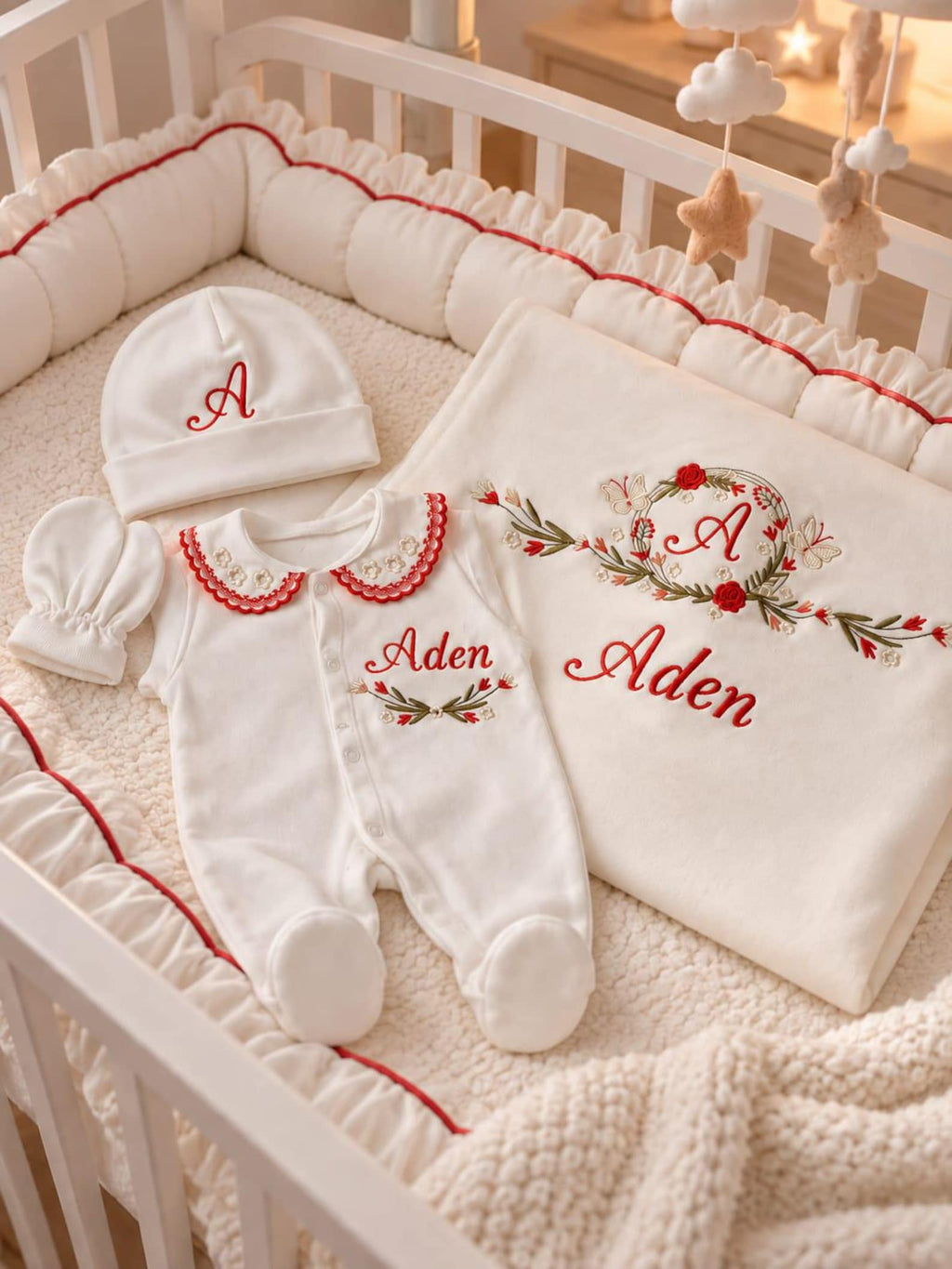 Klindera® Personalisiertes Baby-Set mit Decke aus Bio-Baumwolle – Strampler, Mütze, Fäustlinge & Babydecke (4-teilig)
