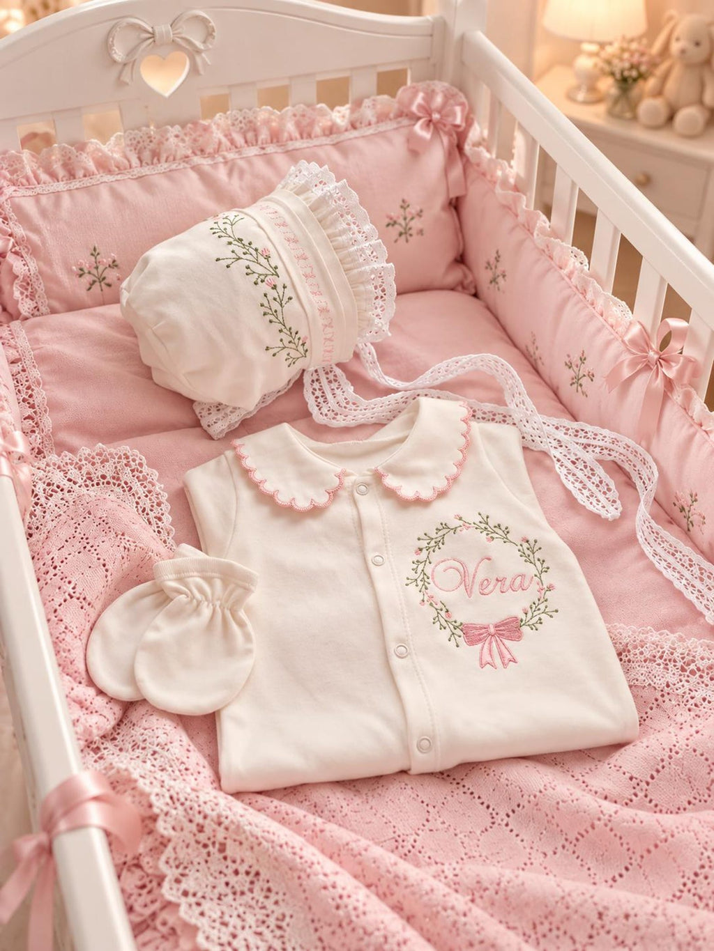 Klindera® Personalisiertes Baby-Mädchen-Set mit Spitzen-Bonnet aus Bio-Baumwolle – Strampler, Baumwollsatin-Haube & Fäustlinge (3-teilig)