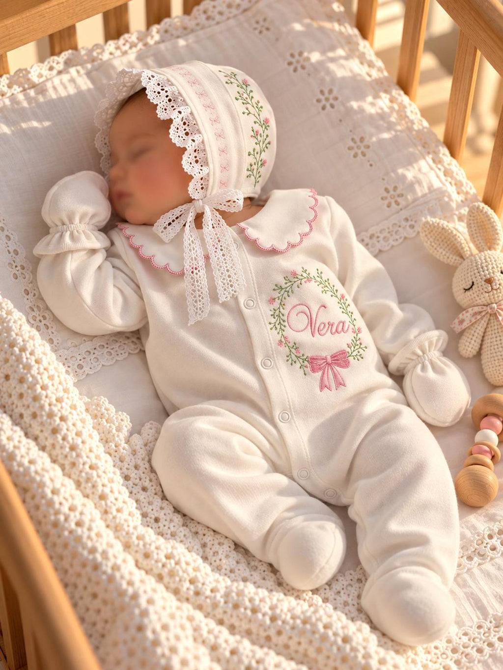 Klindera® Personalisiertes Baby-Mädchen-Set mit Spitzen-Bonnet aus Bio-Baumwolle – Strampler, Baumwollsatin-Haube & Fäustlinge (3-teilig)