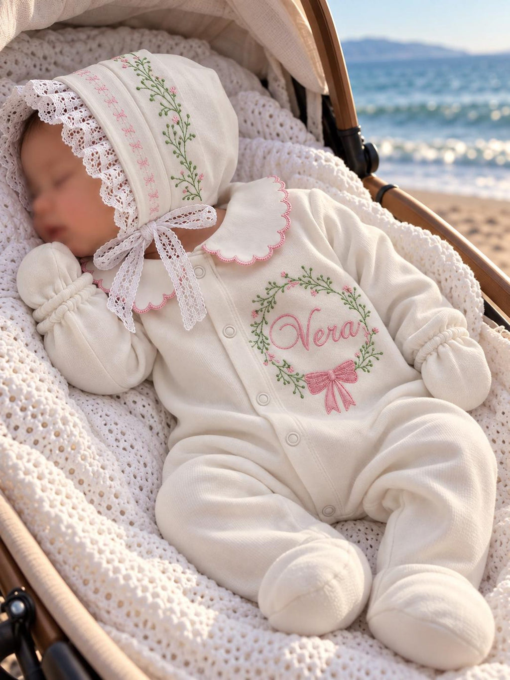 Klindera® Personalisiertes Baby-Mädchen-Set mit Spitzen-Bonnet aus Bio-Baumwolle – Strampler, Baumwollsatin-Haube & Fäustlinge (3-teilig)