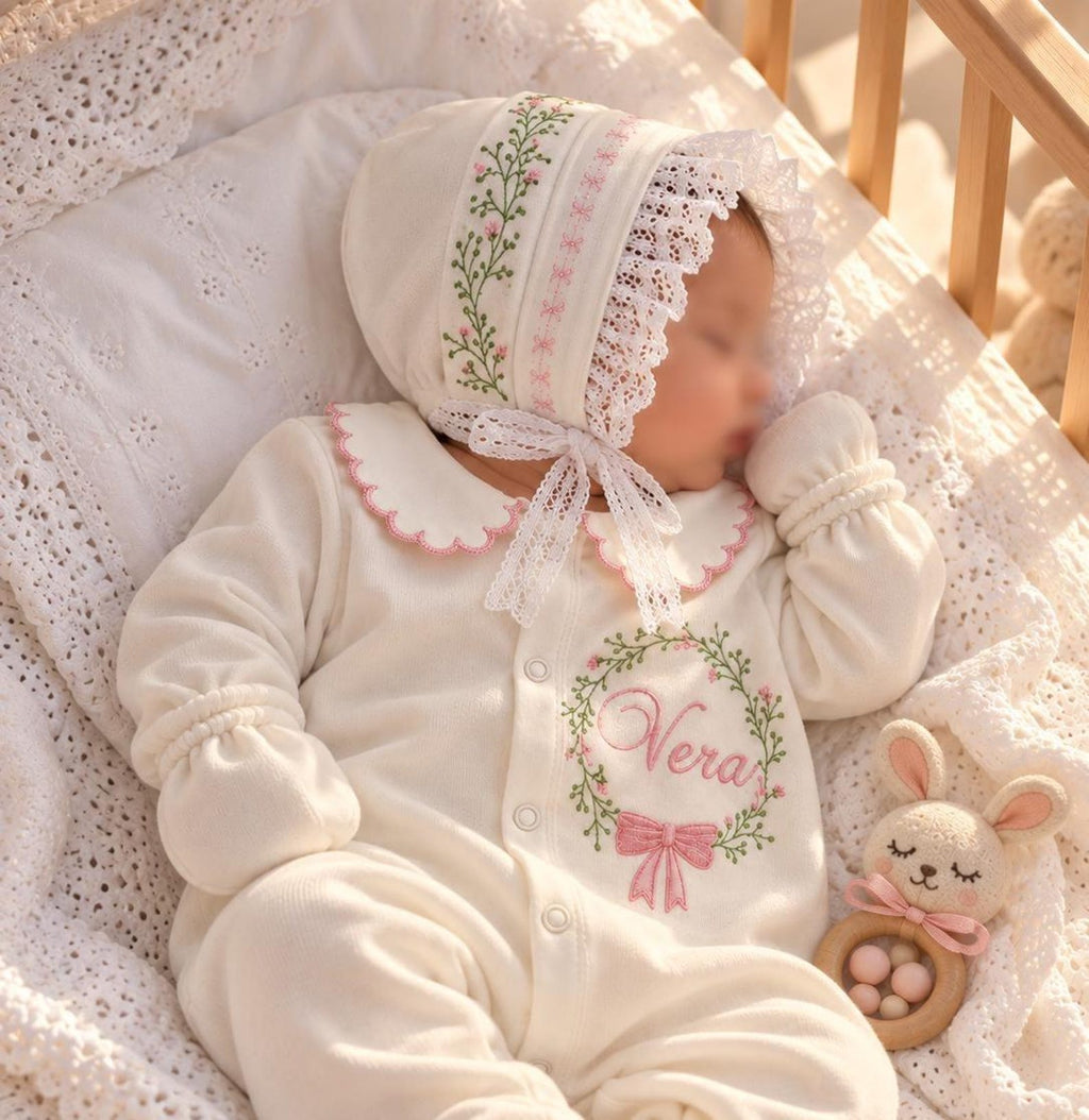Klindera® Personalisiertes Baby-Mädchen-Set mit Spitzen-Bonnet aus Bio-Baumwolle – Strampler, Baumwollsatin-Haube & Fäustlinge (3-teilig)